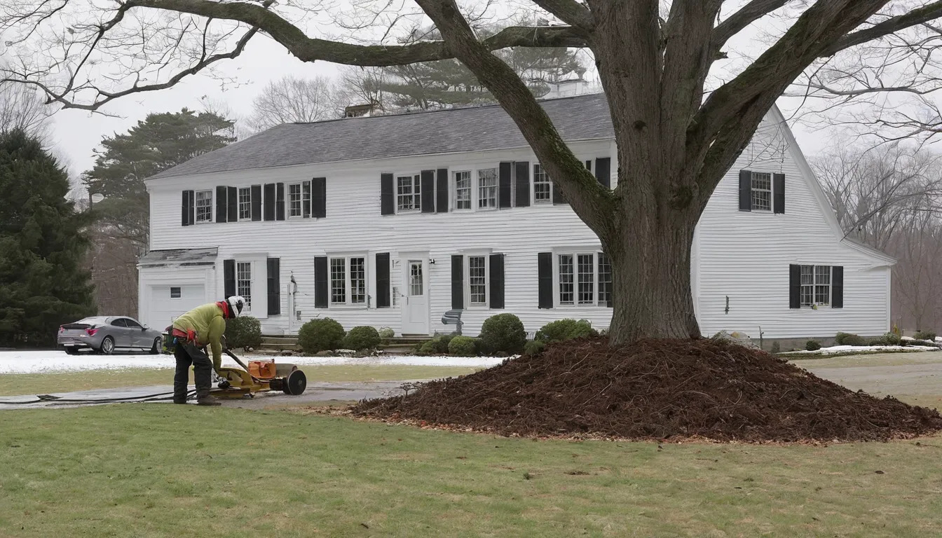 Provider crew safely removing a storm-damaged tree beside a home in Boston