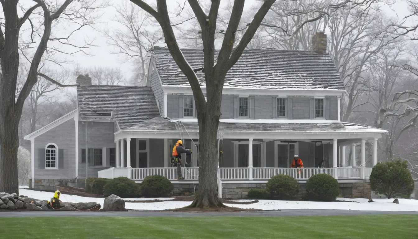 Tree removal provider lowering a large branch near a home in Boston